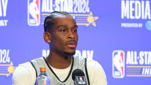 Feb 17, 2024; Indianapolis, IN, USA;Western Conference guard Shai Gilgeous-Alexander (2) talk to the press during NBA All Star practice at Gainbridge Fieldhouse.